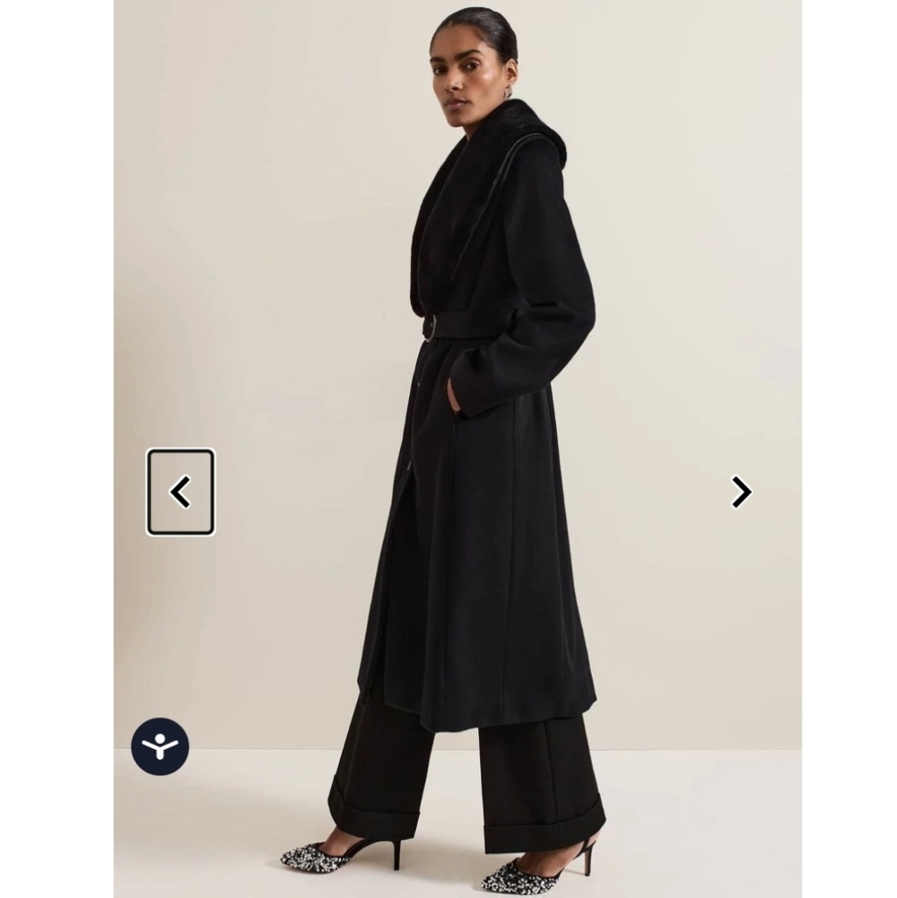 Phase Eight Zylah Faux Fur Collar Wool Long Coat Black Plus Size - US 22 to 24 - Picture 4 of 6